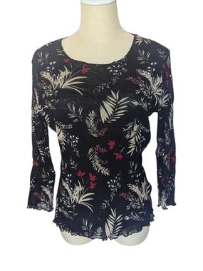 Relativity Floral Print Scoop Neck Mesh Top Large